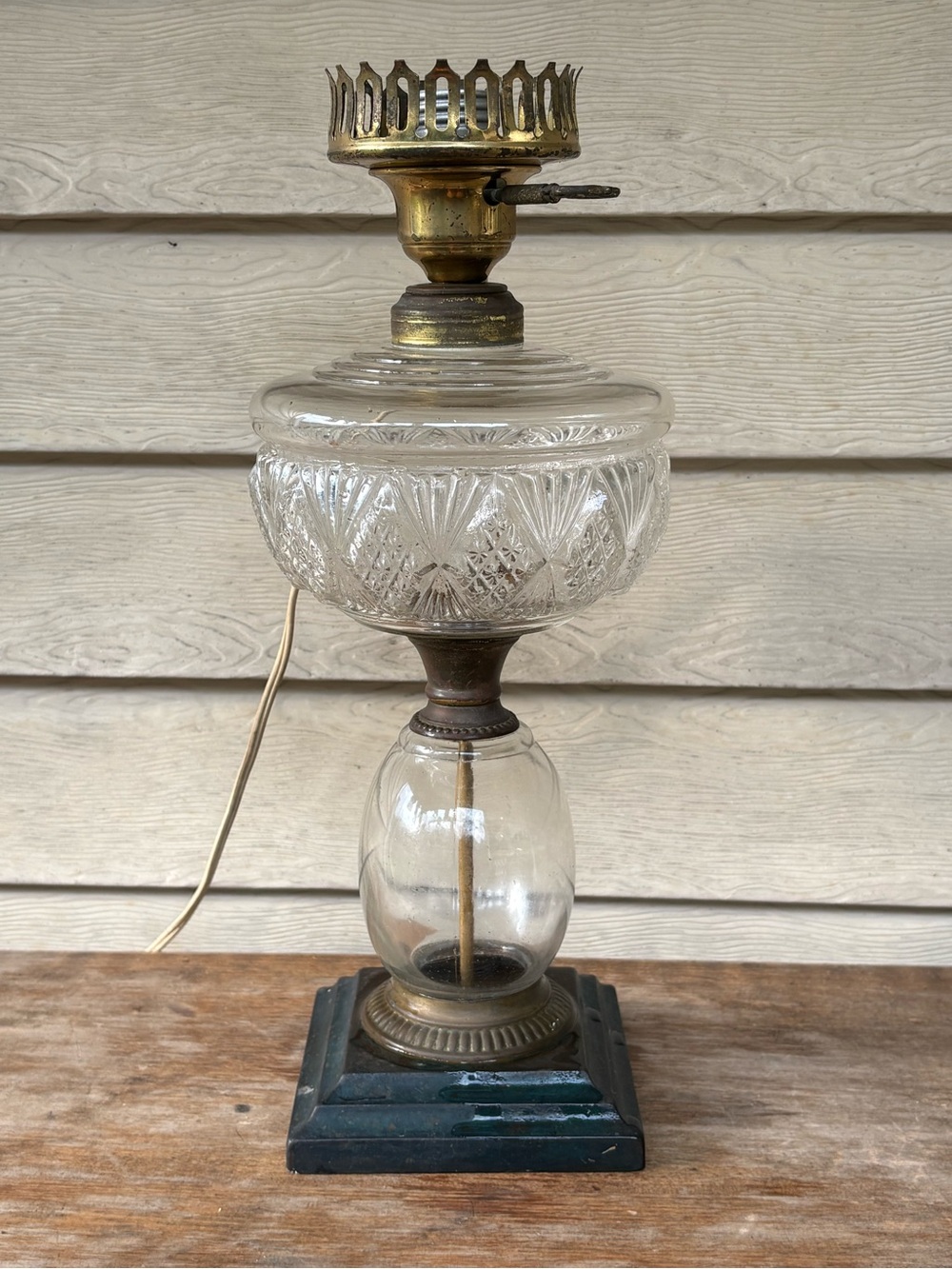 VTG glass table lamp features a converted kerosene lamp design with a brass burn